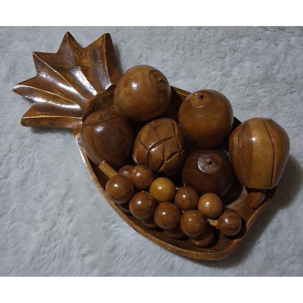 Vintage 60's Monkey Pod Wooden Fruit & Bowl Phillipines handcrafted 8 piece set